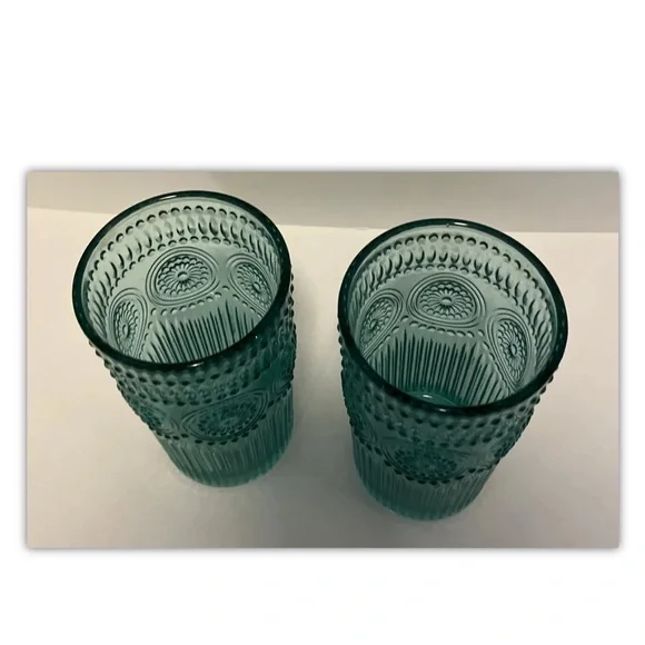 Nwot Pioneer Woman Adeline 16oz Teal Glass Drinking Glasses Set - Picture 3 of 3